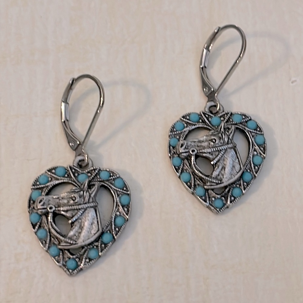 1928 Western Heart Horse Head Turquoise Drop Earring
